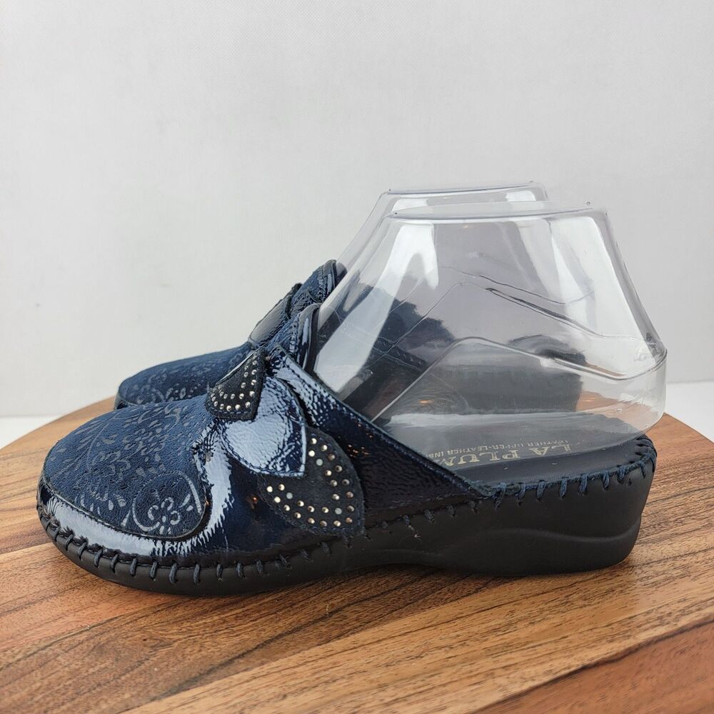 La Plume Womens Size EU35 US4.5-5 Blue Garden Leather Slide Clog Flat Shoes